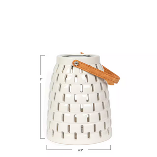 8.5" Stoneware LED Solar Powered Waterproof Lantern w/ Cut-Outs & Faux Leather Handle, Home Decor