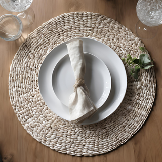 New With Tags Whitewashed Water Hyacinth Round Placemat by Crate & Barrel (Sold Individually)