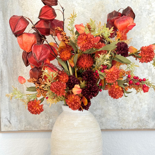 31" High Orange and Burgundy Mixed Mum & Lantern Spray, Faux Floral, Floral, Fall Floral, Fall Decor, Home Decor, Third & Main
