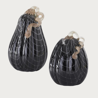 Set of 2 Black w/White Swirls Handblown Glass Pumpkins, glass, Handmade, luxury spooky, luxury halloween, decor, Halloween Decor, Home Decor, Third & Main