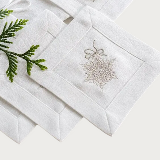 Hand Embroidered Linen Snowflake Design Cocktail Napkins, Home Decor, Third & Main, Holiday Party,Winter Decor, Christmas Decor