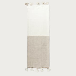 Natural Beige Color Block Linen Blanket with Tassels, Home Decor, Textile