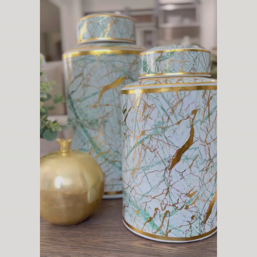 Third & Main, Home Decor, Decor, contemporary decor, luxury decor, luxury, ginger jar, jar, gold, green, marbleized, ceramic, ceramic ginger jar, everyday decor, fall decor, winter decor, spring decor, summer decor, Green and Gold Marbleized Ginger Jar -2 Sizes, product video, video